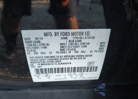 2020 Ford Explorer Platinum из США, поврежденный, VIN 1FM5K8HC1LGA69218